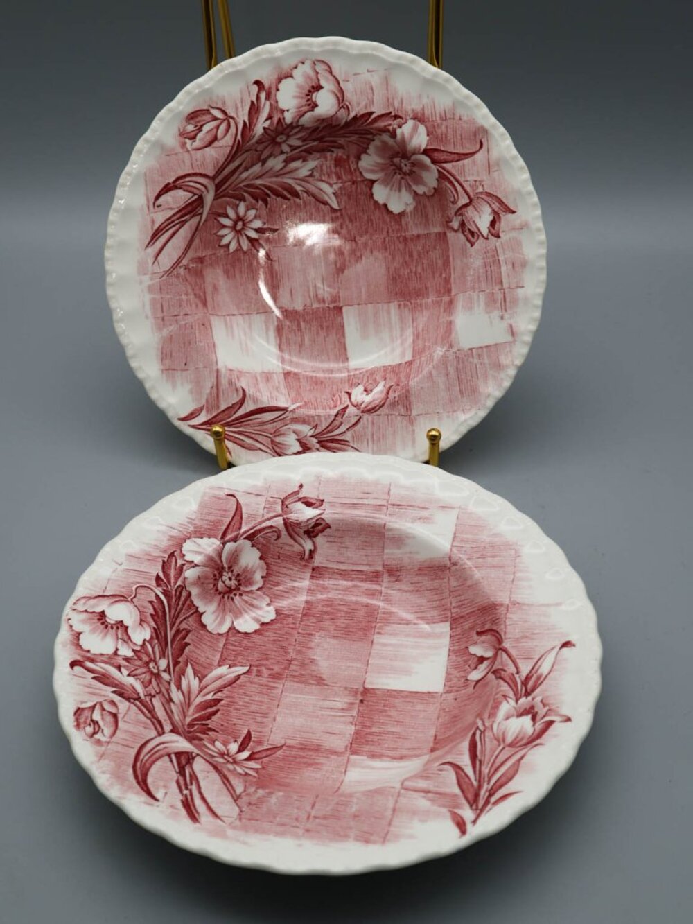 2 Vtg '30s Grindley Trellis Pink Transferware Rimmed Soup Bowls 8" Staffordshire